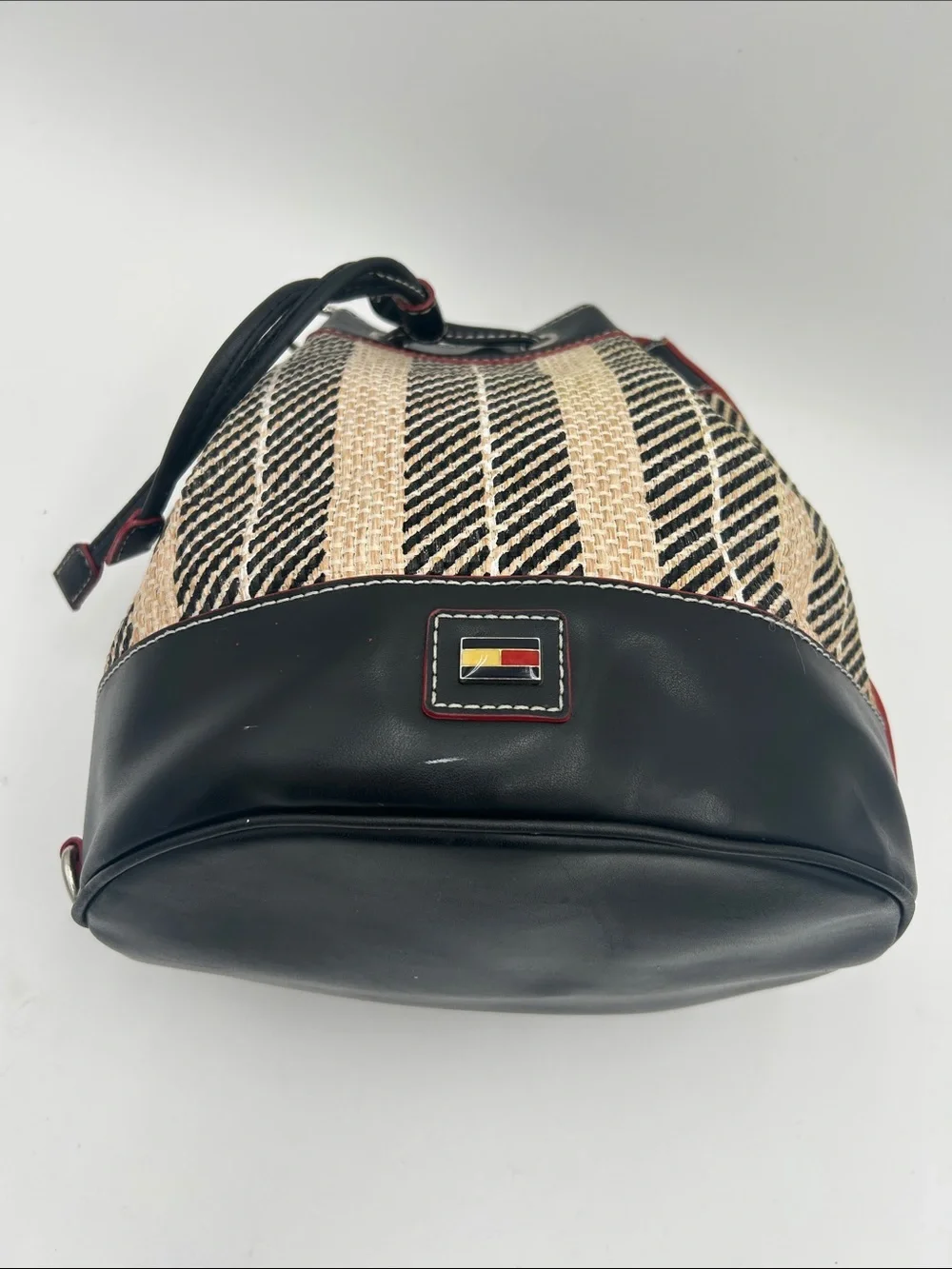 Y2K Tommy Hilfiger Black Natural/Red Straw Leather Bucket Bag Matching‎ Eye Case